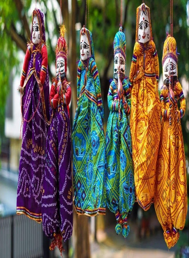 Samariya Multicolor Rajasthani Handmade Colorful Fabric Wooden Face String,Kathputli/Puppet Pair for Home Décor, Cultural Program and Events(Multicolor Kathputli) (Pack of 2 Pair) - Image 2